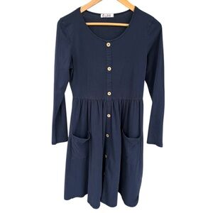 Navy Button-Front Long Sleeve Cotton Midi Dress with Pockets